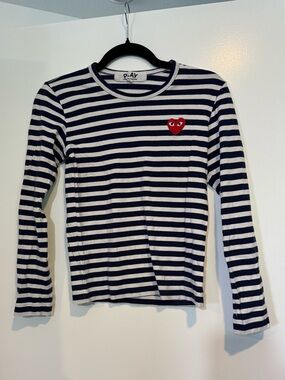 Comme des Garçons PLAY Navy Striped Long Sleeve Shirt Red Heart Small